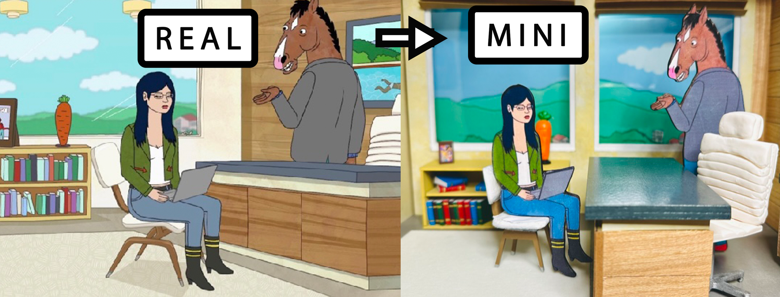 Comparison of the real location on the left versus the miniature model on the right. This miniature is of a scene from Bojack Horseman.