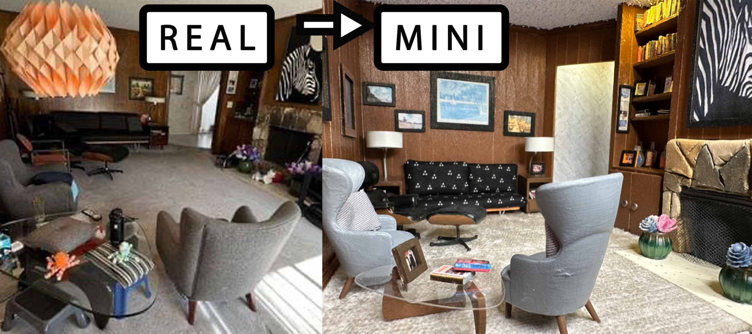 Comparison of the real location on the left versus the miniature model on the right. This miniature is of a mid-century modern living room.
