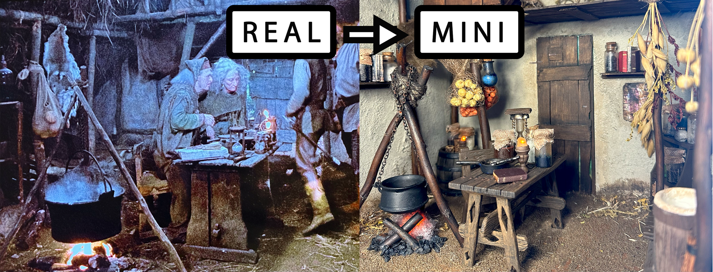 Comparison of the real location on the left versus the miniature model on the right. This miniature of Miracle Max's house from The Princess Bride.