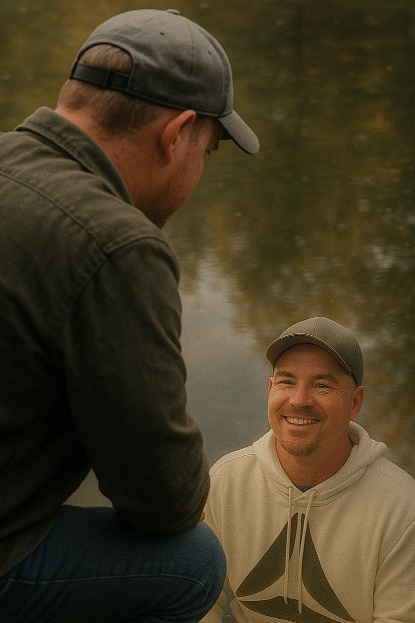 Two men outdoors near a body of water, one is kneeling and looking at his reflection at the man in the water wondering how he can get that man back into his life.