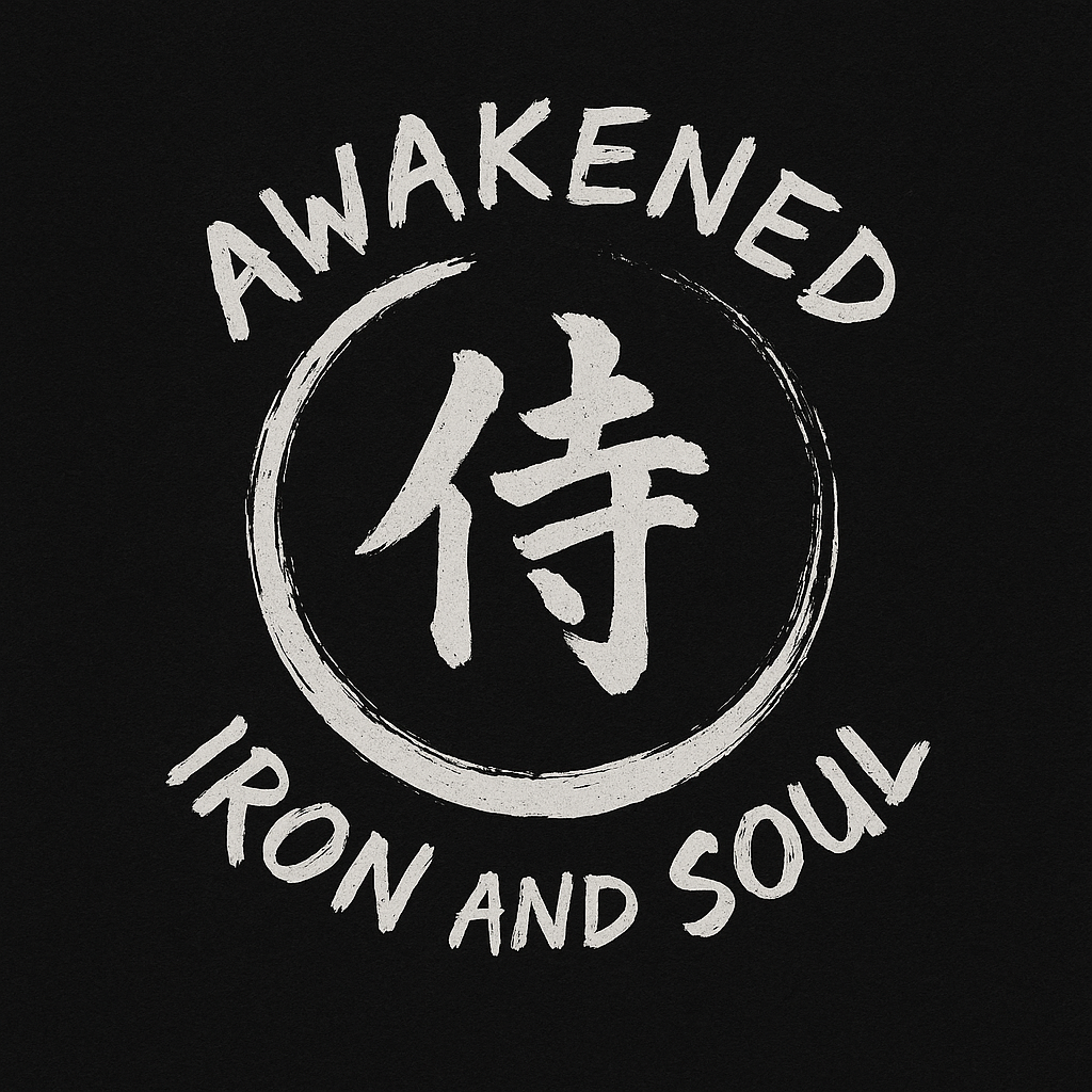 Black background with white stylized text that reads 'Awakened Iron and Soul' surrounding a circle with a Japanese character in the center.