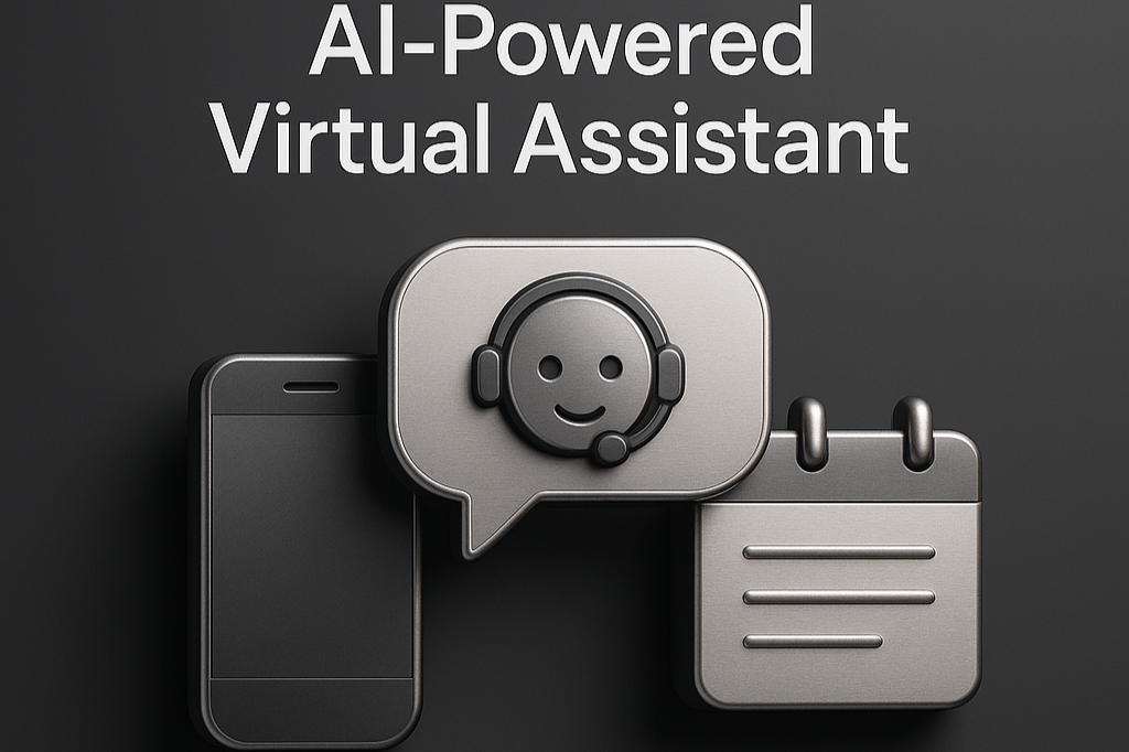A digital illustration featuring a smartphone, a speech bubble with a smiling face wearing a headset, and a notepad, with the text 'AI-Powered Virtual Assistant' at the top.