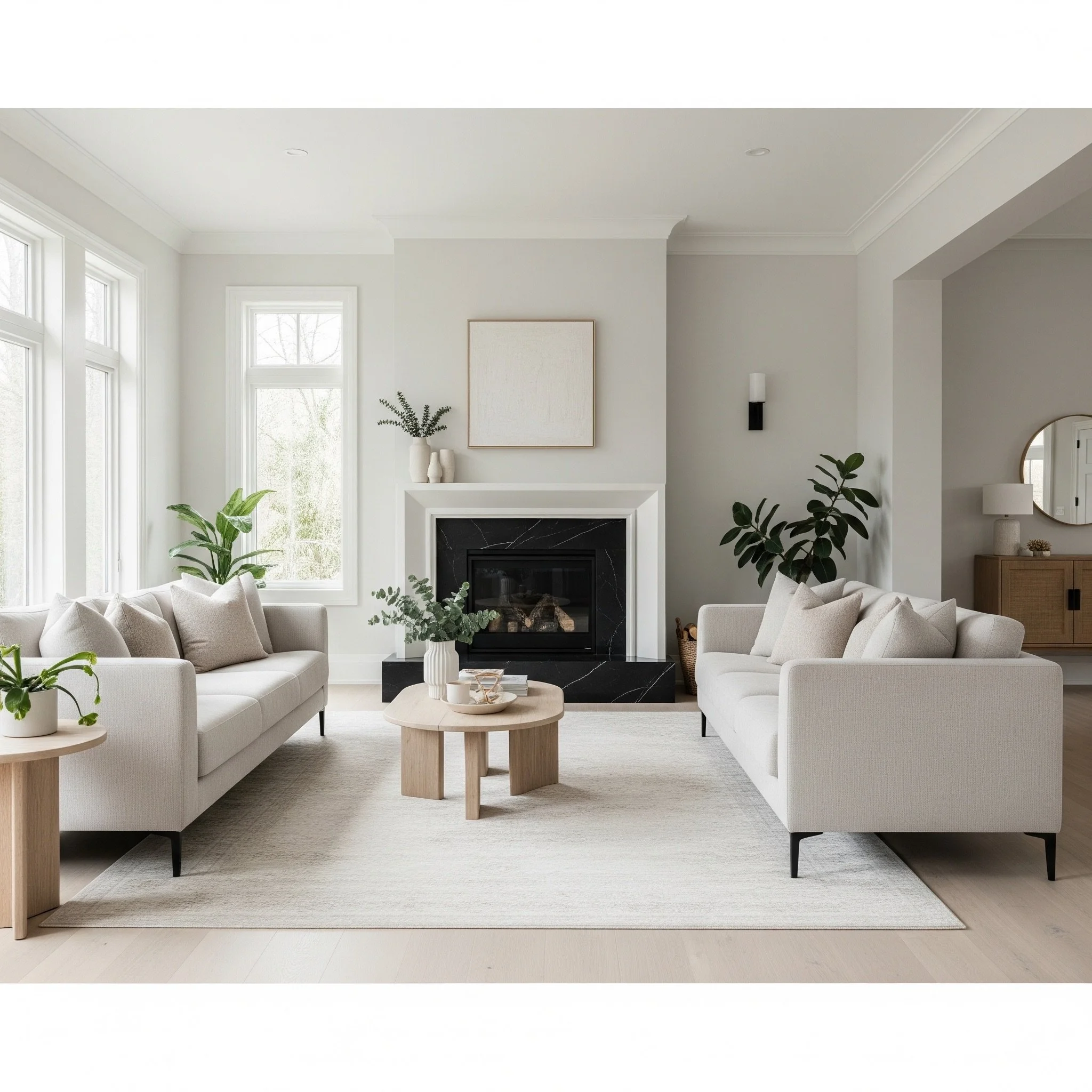 Living room with two white sofas, a black fireplace, a round wooden coffee table with a vase of green foliage, and large windows letting in natural light.
