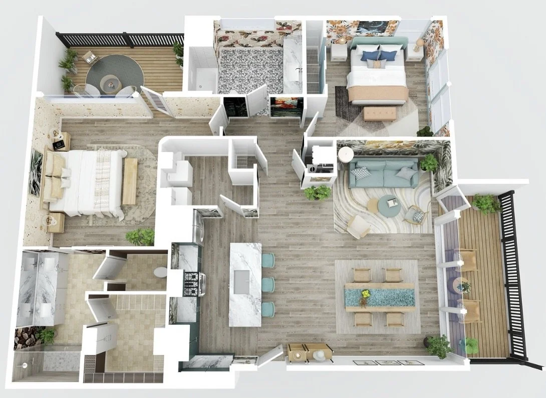 Top-down view of a modern apartment floor plan with a kitchen, dining area, living room, two bedrooms, two bathrooms, and outdoor balconies. Dollhouse floorplan using CubiCasa.