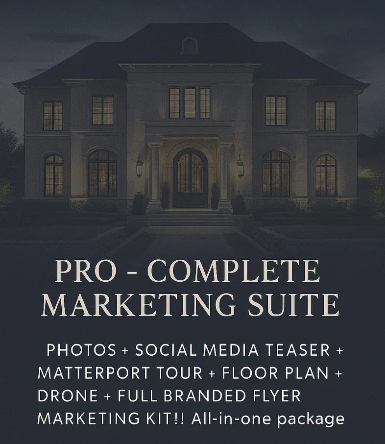 A large, elegant house at night with illuminated windows. Text on the image advertises a marketing suite package. Includes a cinematic real estate video, teaser, for YouTube or Social Media- Facebook, TikTok, instagram.