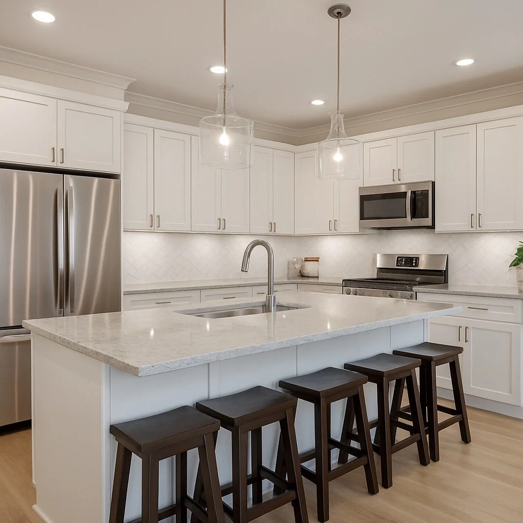 Modern kitchen with white cabinets, stainless steel appliances, and a central island with four black stools, pendant lights overhead, and a light wood floor.
