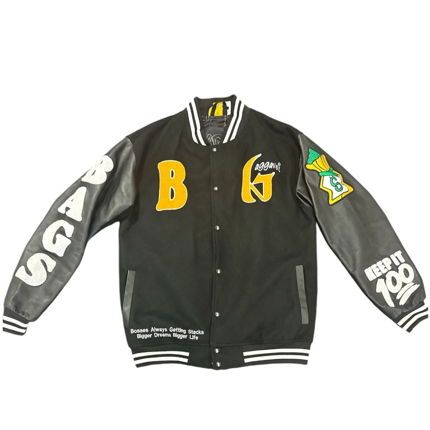 "@Bags_Baggaveli: Elevate your style with our Black and Gold Varsity Jacket featuring leather arms and intricate details. 🖤💛 This jacket is all about keeping it 100 with our signature patch: 'Bags, Mean Bosses Always Getting Stacks.' Two extra