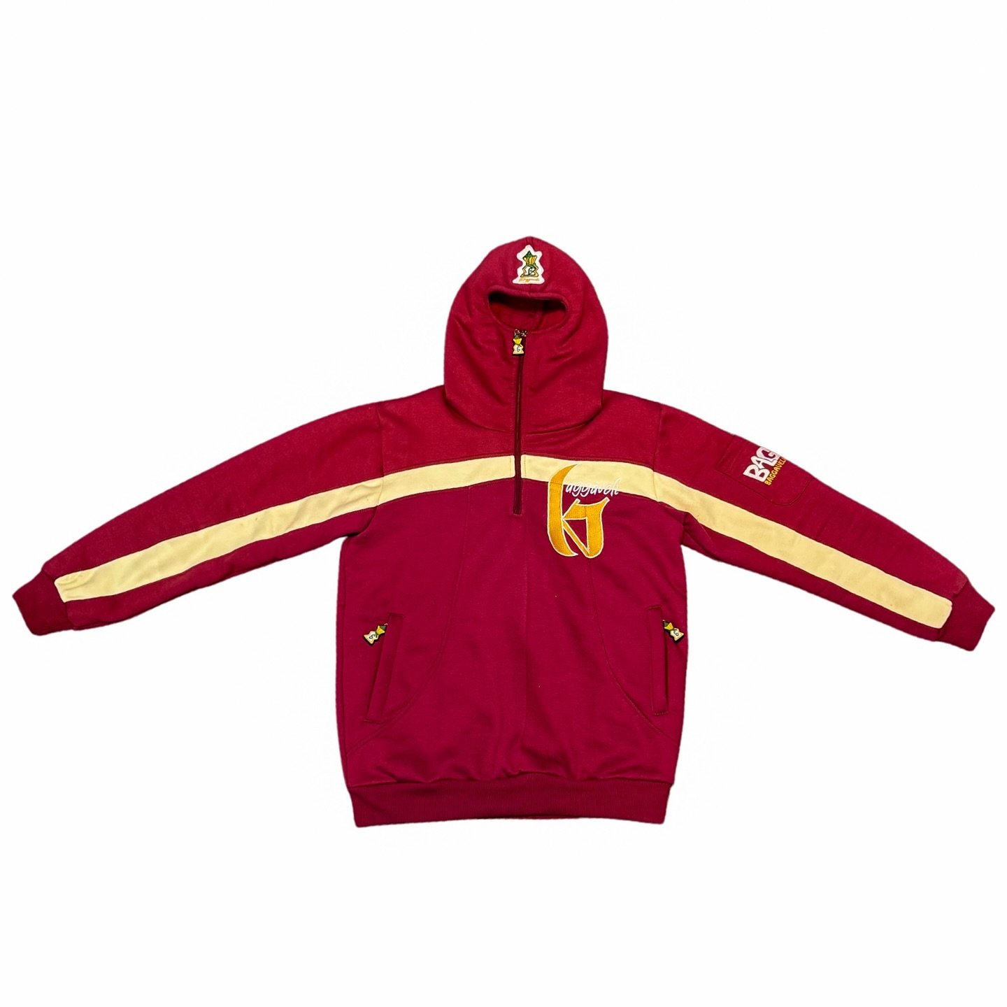 Level up your style with this full BAGGAVELI outfit. Featuring a sleek burgundy and white colorway, this set includes a burgundy jacket with two functional pockets and a versatile half-zip hoodie that transforms into a shystie mask for added edge. Th