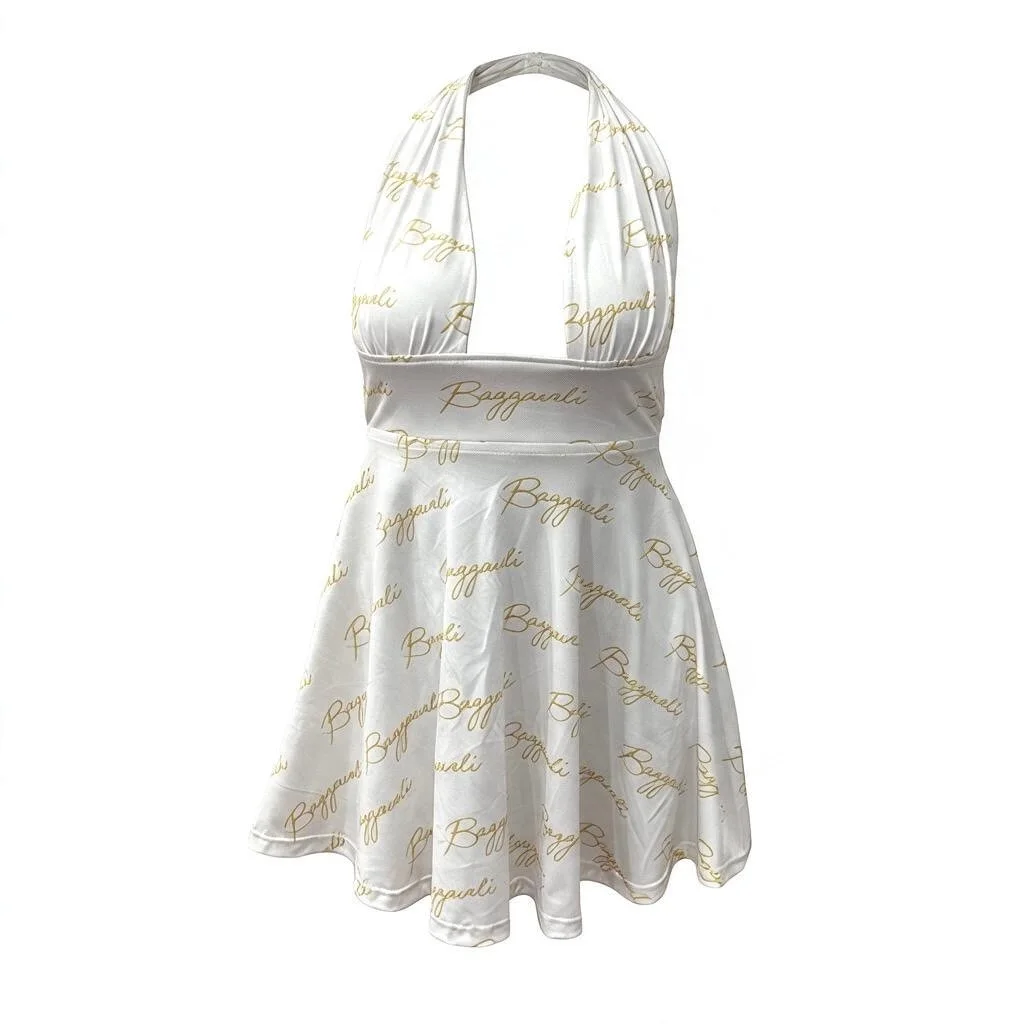 BAGSGAVELI White Gold Signature Halter Dress - All-Over Print with Side Pockets