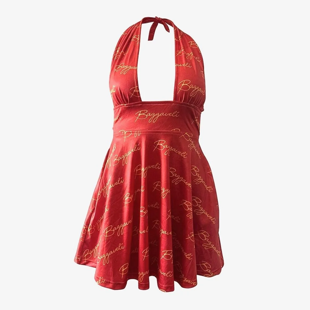 BAGSGAVELI Red Gold Signature Halter Dress - All-Over Print with Side Pockets