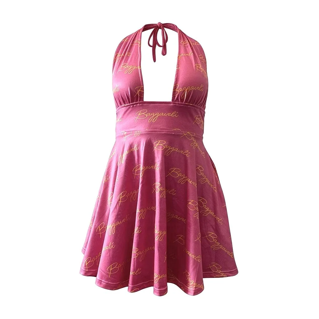 BAGSGAVELI Pink Gold Signature Halter Dress - All-Over Print with Side Pockets (Copy)