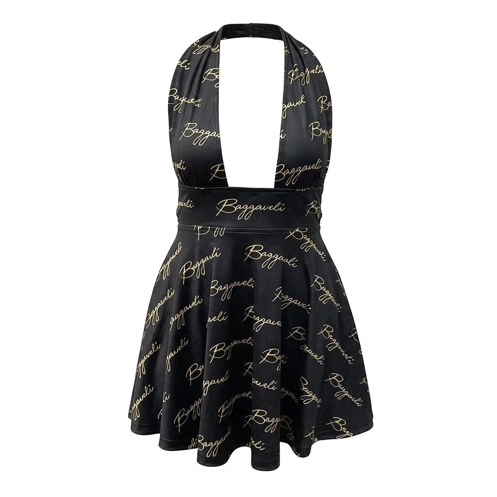 BAGSGAVELI Black Gold Signature Halter Dress - All-Over Print with Side Pockets
