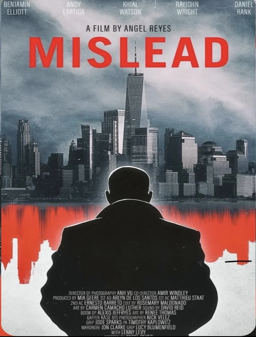 Silhouette of a man sitting and looking over the New York City skyline at sunset, with the city reflected in the water below. The title of the film "Mislead" is in red