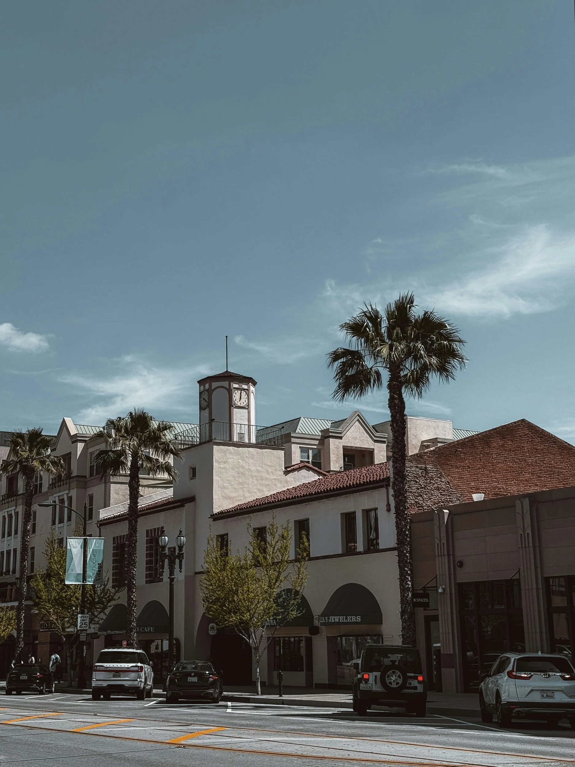 City street with palm trees, parked cars, and buildings under a blue sky.