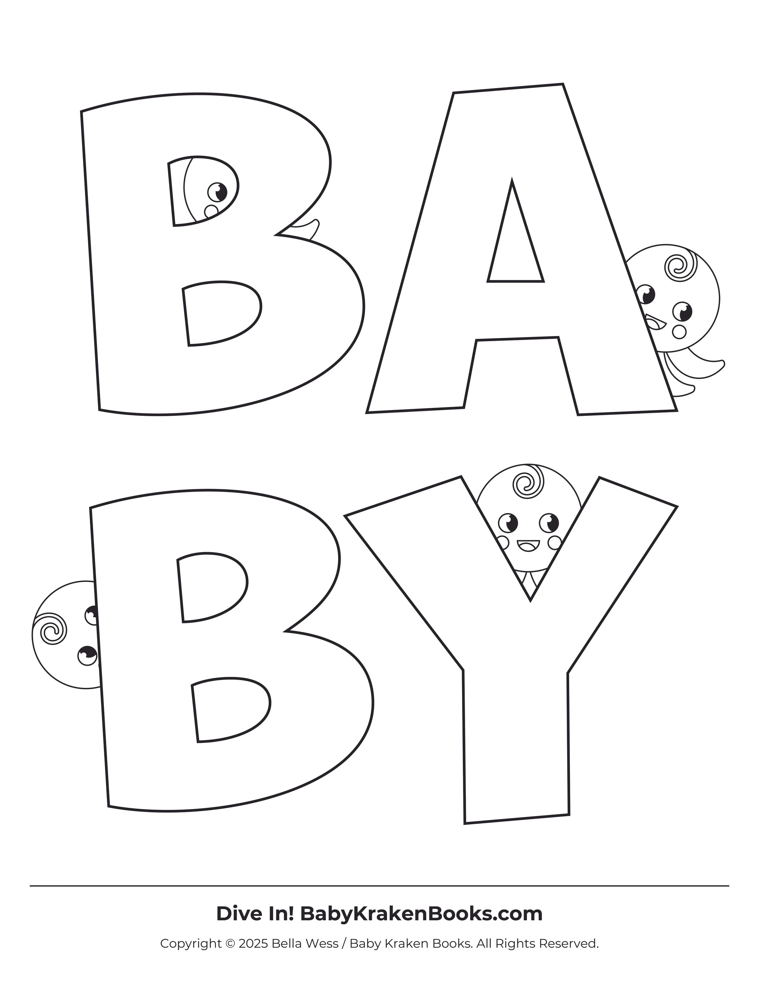 Black and white coloring pages of the words 'BABY' and 'BOY' with cute cartoon baby characters peeking out from behind the letters.