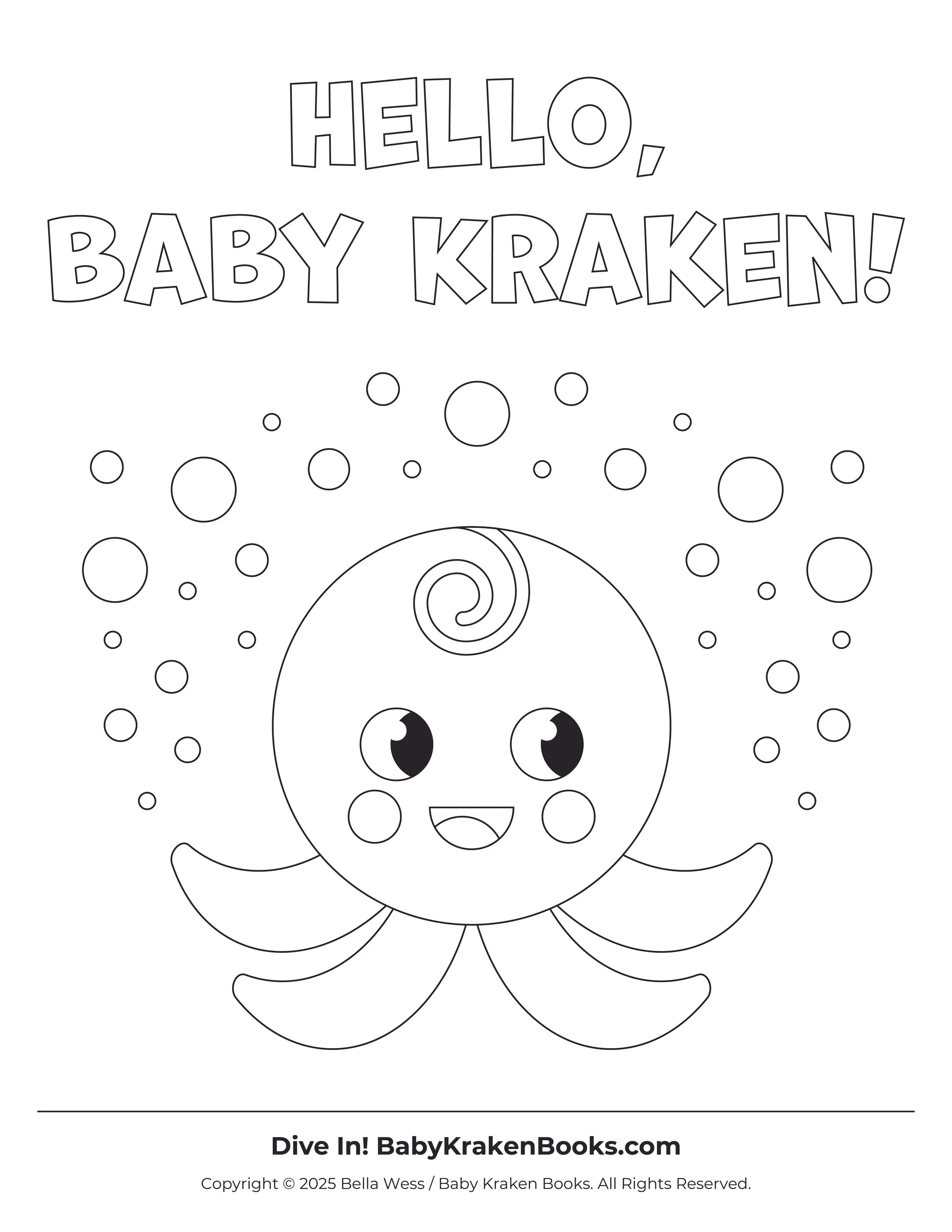 Black and white illustration of a cute cartoon baby kraken with big eyes, smiling, surrounded by bubbles, with the text 'Hello, Baby Kraken!' at the top.