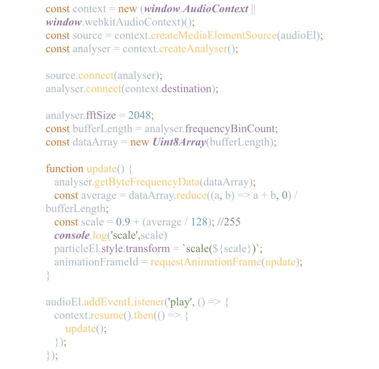 Computer programming code in a text editor, featuring JavaScript functions for audio analysis and visualization, including variable declarations, functions, and event listeners.