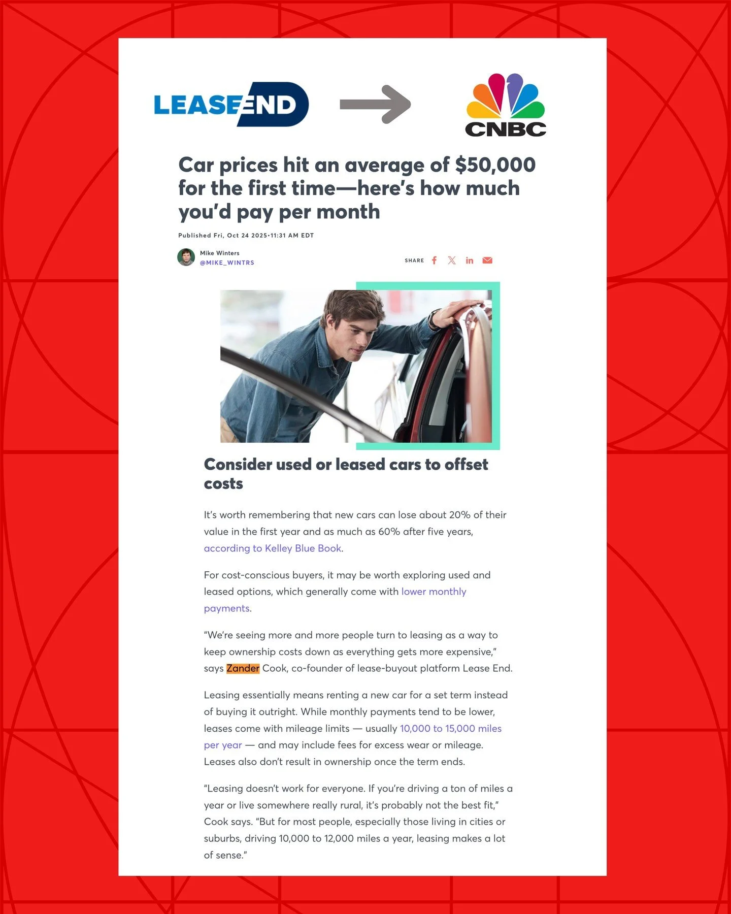 We love seeing clients with big ideas and something meaningful to say get their voice out in the world.

This latest CNBC feature highlights Zander Cook from @lease.end, offering timely insight on how drivers can navigate rising car costs more strate