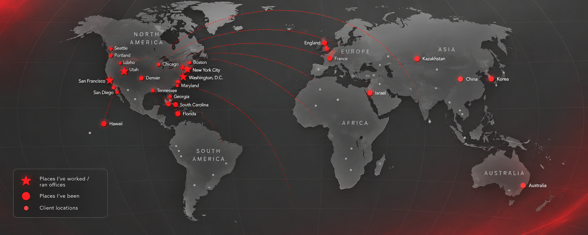 Map showing Ampliphi Communications experience and client relationships across the United States and international markets.