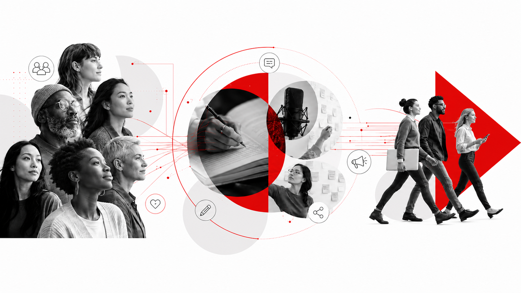 Ampliphi audience-first strategic communications process, moving from people and storytelling to coordinated action.