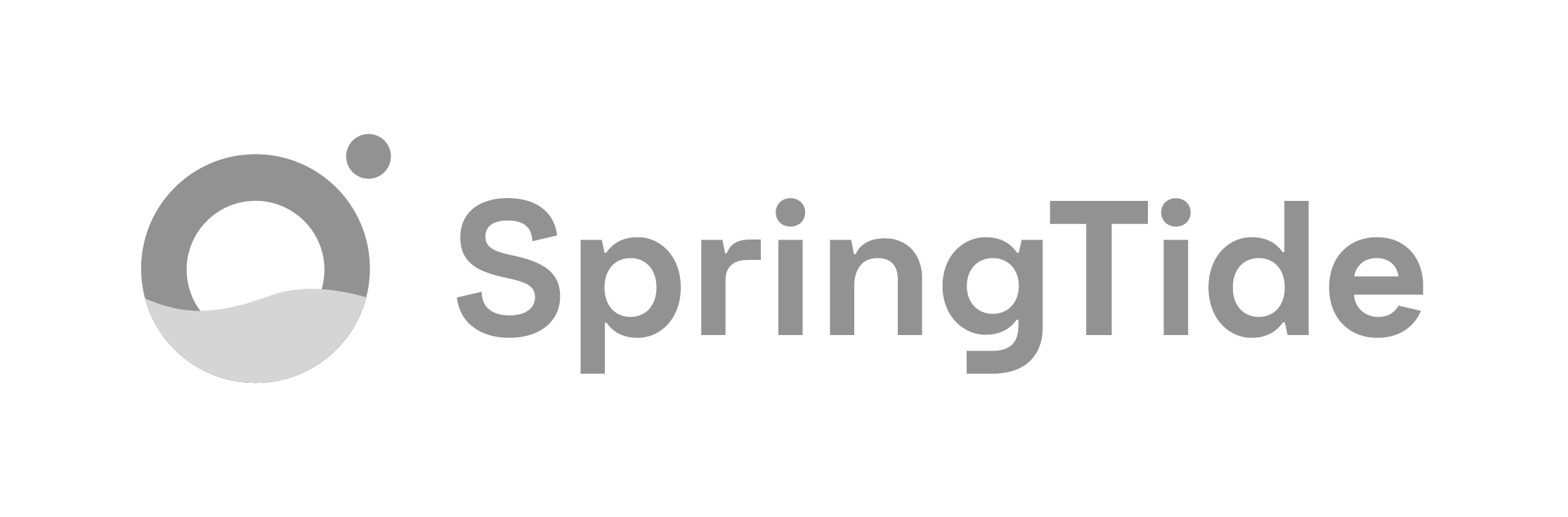 Springtide logo with a circular icon featuring a water wave inside and the company name in dark blue text.