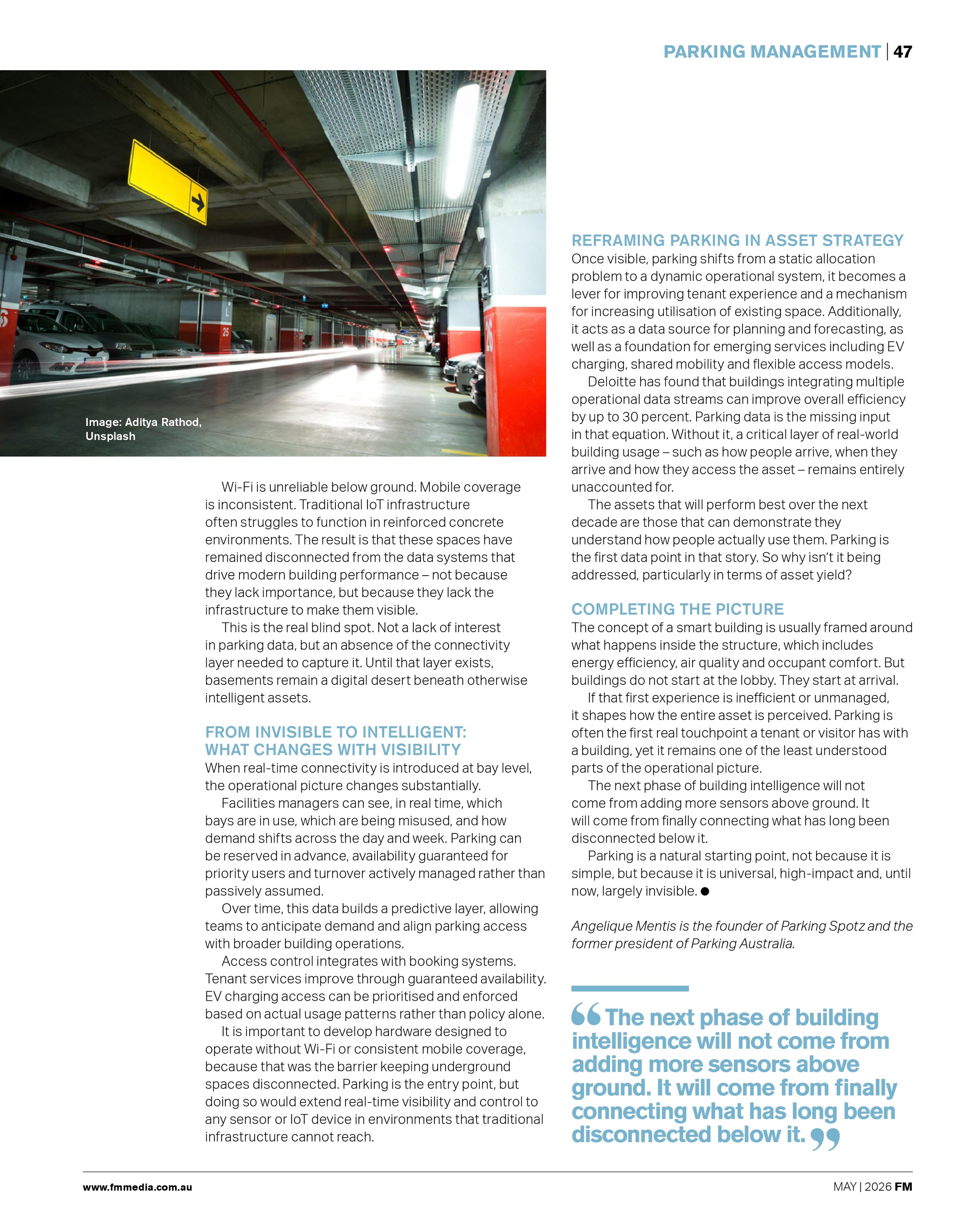 FM Media Magazine Article May 2026. The Smart Building Blind Spot - Why Parking Matters - Angelique Mentis