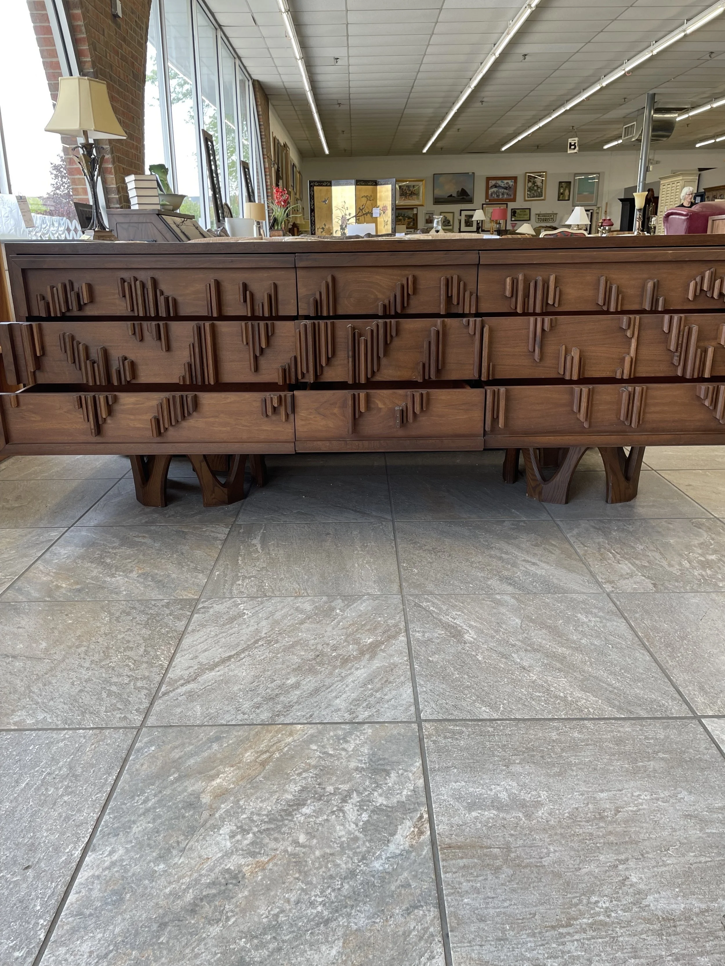 Vintage Brutalist Walnut Triple Dresser with Sculptural Drawer Fronts