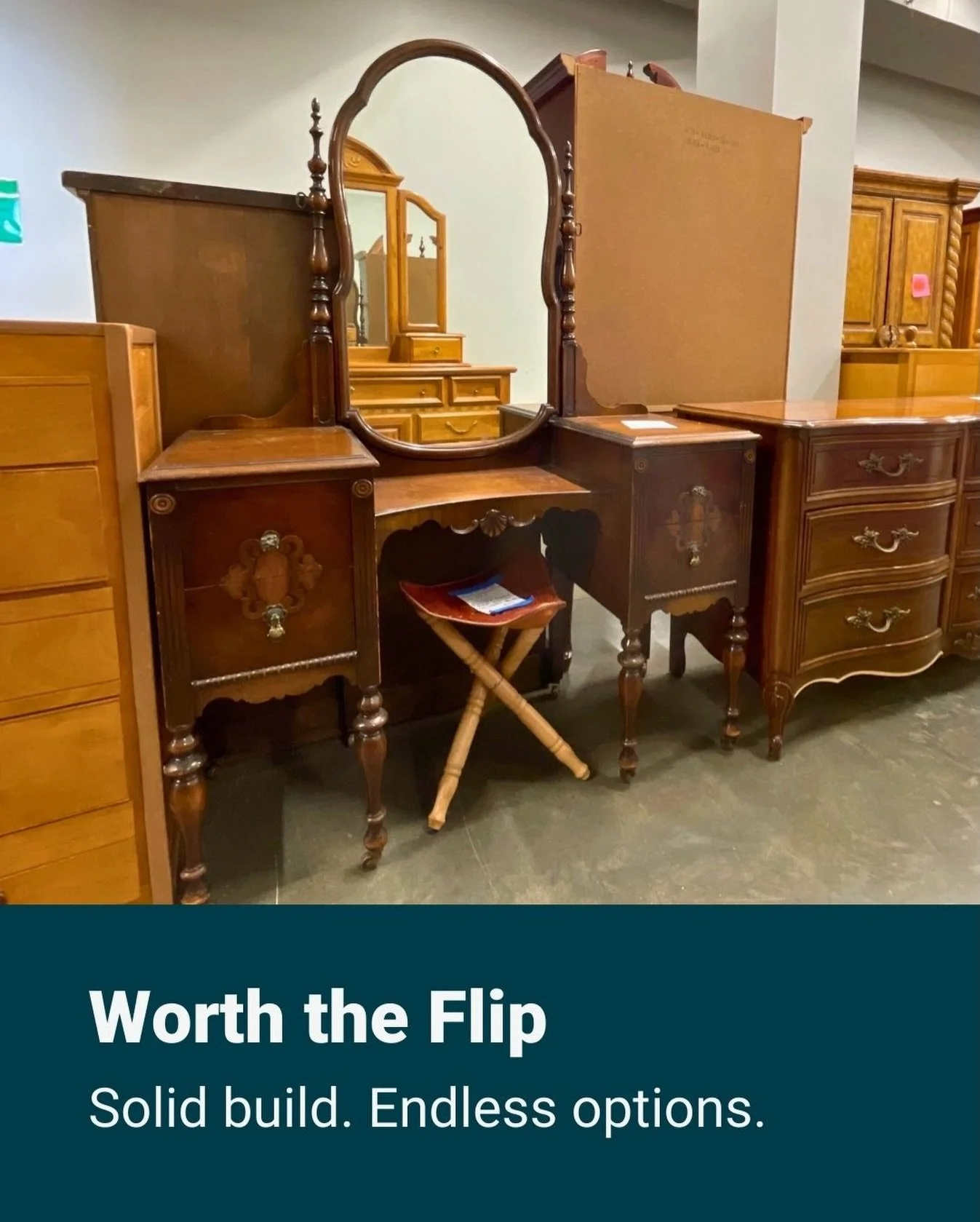 Flip this.
Solid wood vanity with original mirror and great bones, ready for a sand, paint, or stain refresh. Perfect for furniture flippers looking for their next before-and-after project.
#flipfurniture
#upcycledfurniture
#thriftedfinds

We are ope