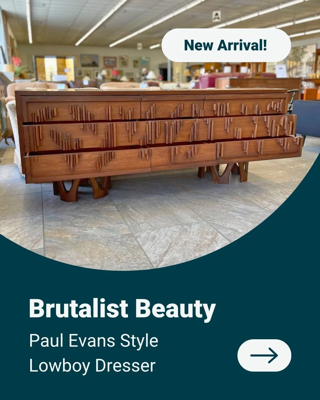 Statement-making storage with unmistakable 1970s attitude. This Paul Evans&ndash;style Brutalist lowboy dresser features sculptural drawer fronts, rich walnut tones, and the bold geometric craftsmanship that defines iconic Mid-Century Modern design. 