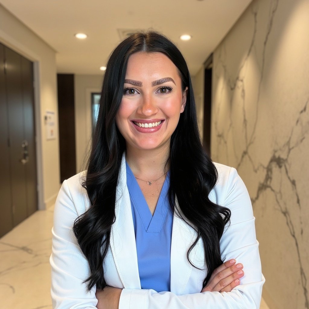 A smiling woman with long black hair, wearing a white medical coat and blue scrubs, standing in a modern, well-lit hallway with marble walls.