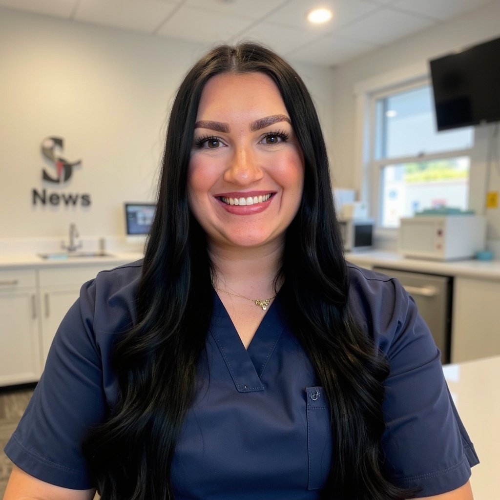 A woman with long dark hair and a navy medical uniform smiling in a medical or news office setting.