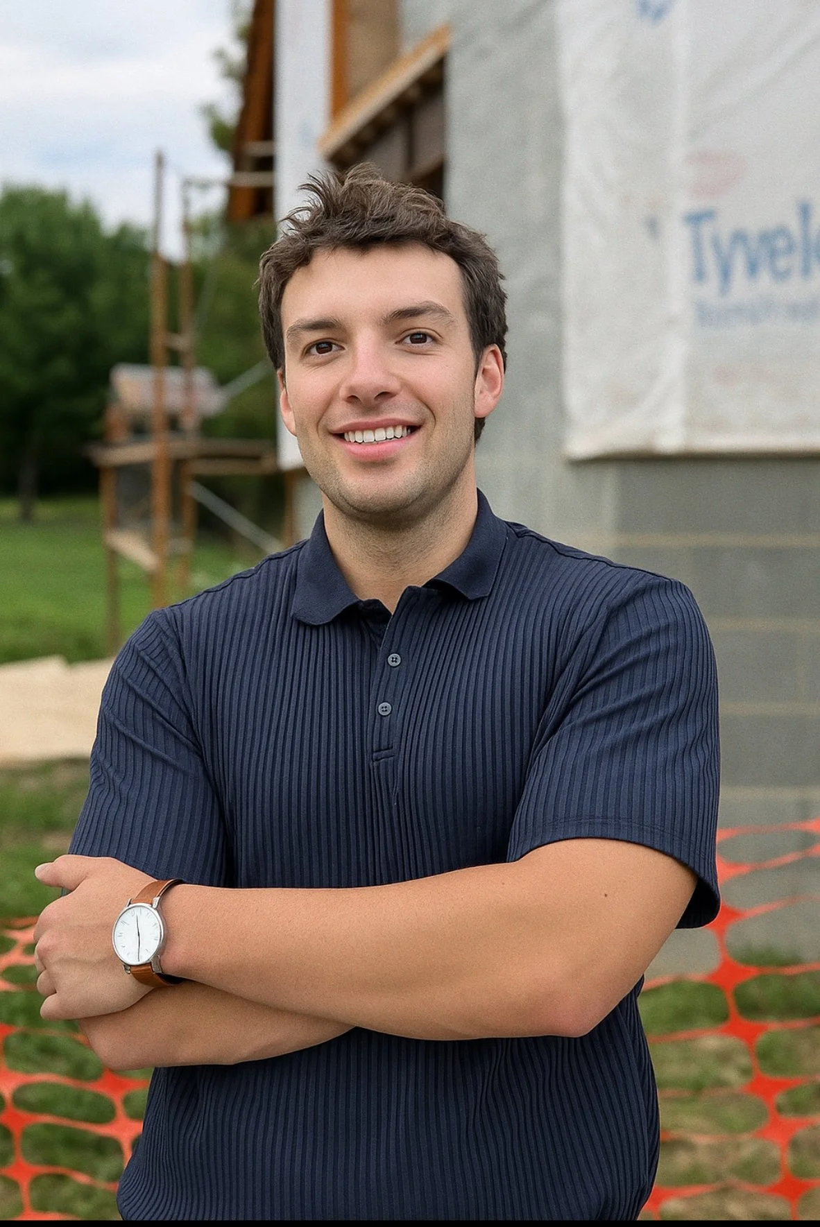 Confident contractor company in San Diego California. The owner is standing with arms crossed at a construction site with a partially built structure behind him, ensuring efficiency.