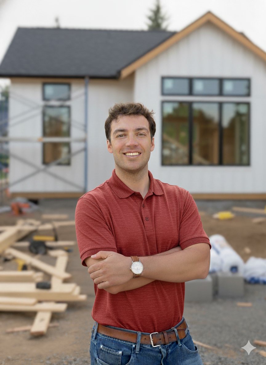 Confident contractor building a new home. Home is under construction and modern.