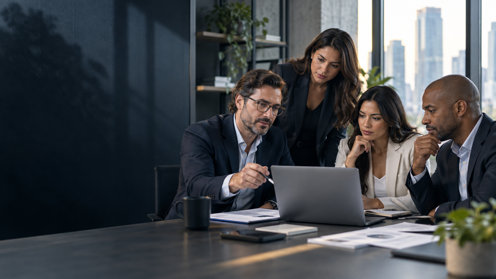Technology and business leaders reviewing candidates with a recruiter