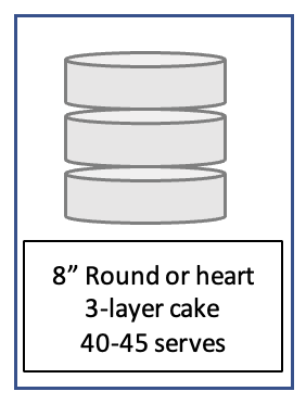 A three-layer round or heart-shaped cake with an 8-inch diameter, suitable for 40-45 servings.