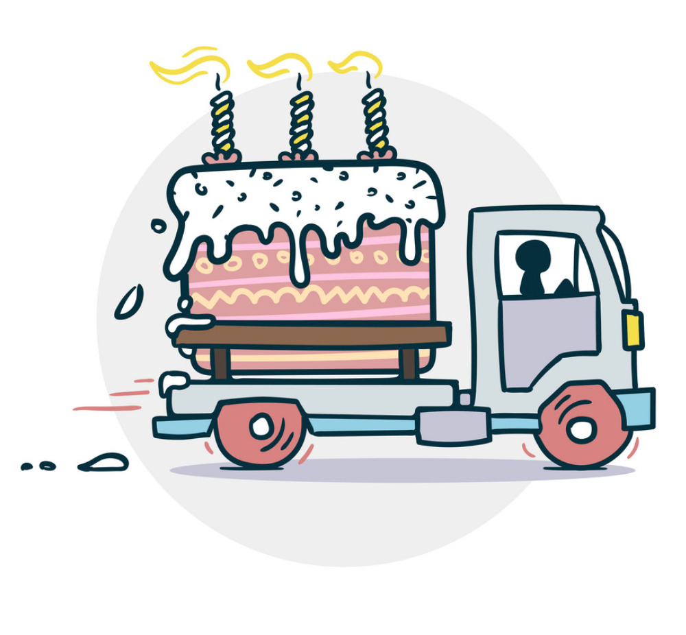 A cartoon truck carrying a large birthday cake with candles on top.
