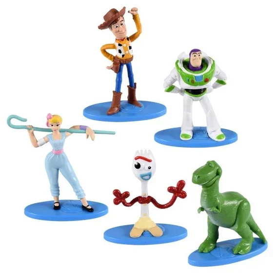 Collection of five Toy Story characters: Sheriff Woody, Buzz Lightyear, Bo Peep, Forky, and Rex, arranged on blue bases.