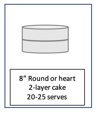 Diagram of an 8-inch round or heart-shaped, 2-layer cake, serving 20-25 people.