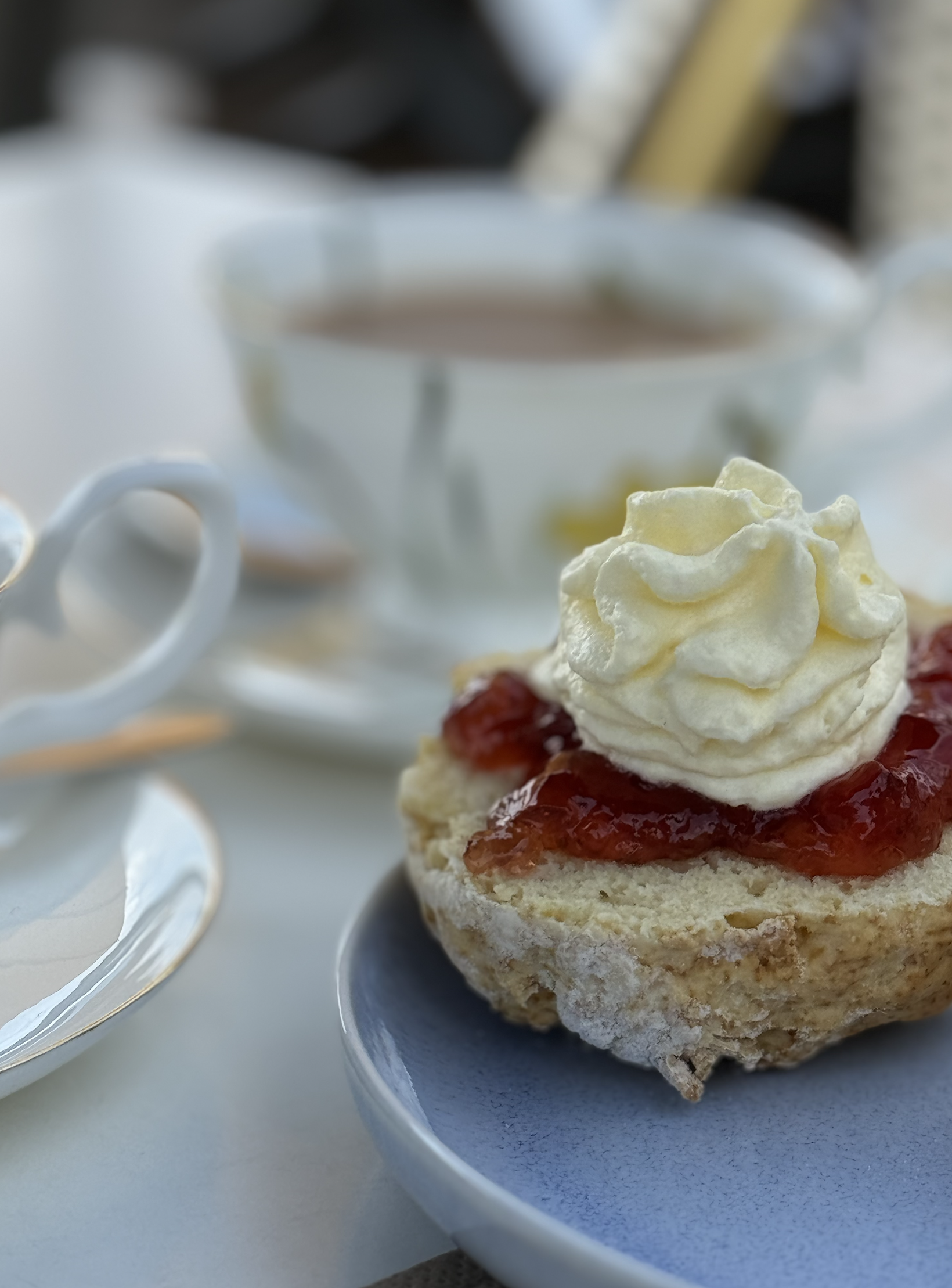 Close-up of a dessert with whipped cream, strawberry jam, and a biscuit at the bottom, on a white plate with a decorative edge.
