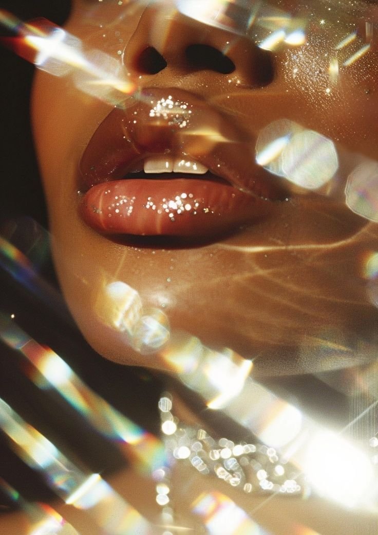 Close-up of a woman's face with shiny makeup, lips slightly parted, and glitter on lips and cheeks, surrounded by multicolored reflective light effects.
