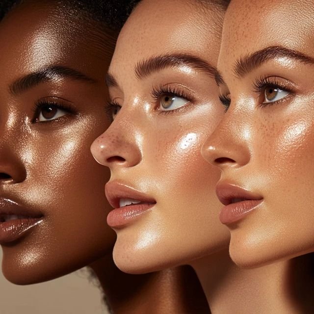 Close-up of three diverse women with glowing skin and natural makeup, facing slightly to the right.