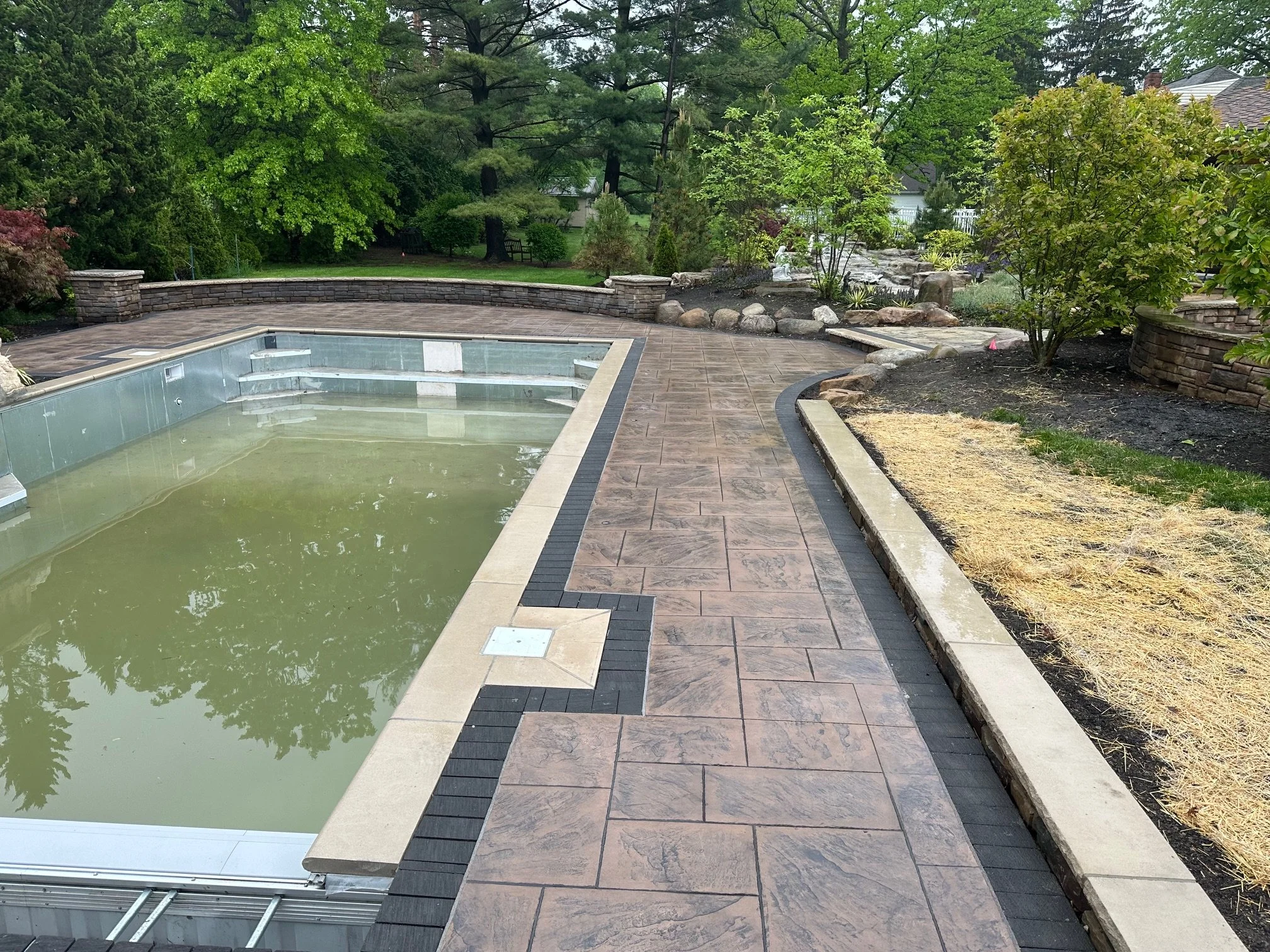 Backyard with a rectangular swimming pool, surrounded by a paved patio area and landscaped garden with trees and rocks.