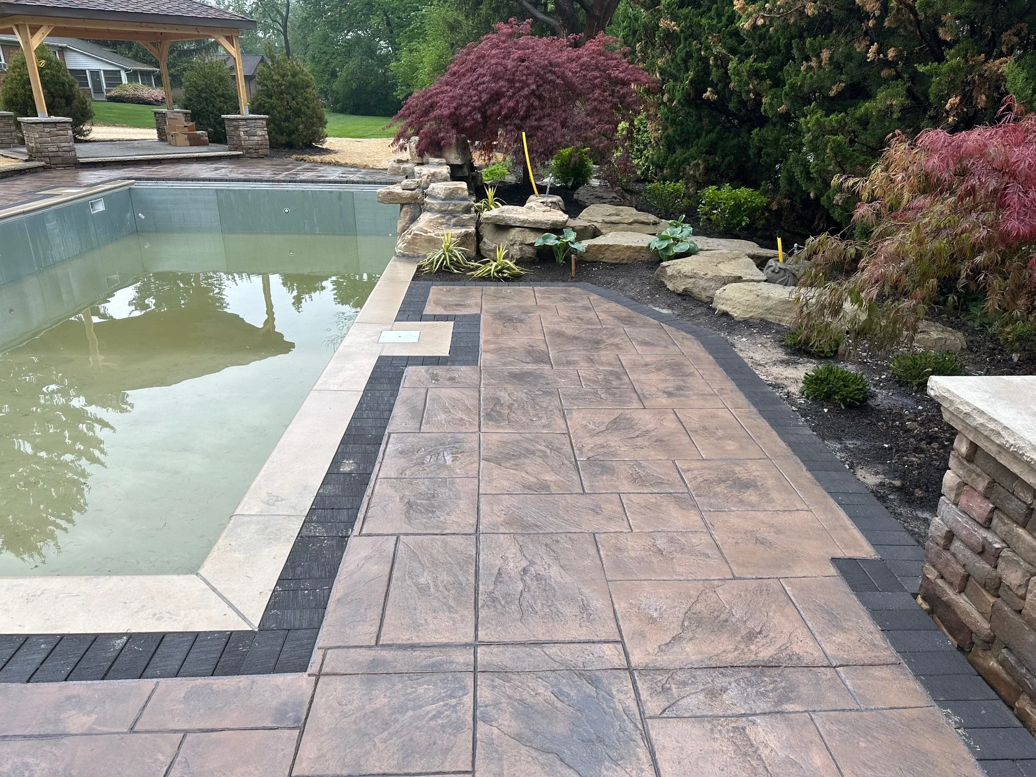 A backyard pool with a stone deck border, surrounded by landscaped plants and trees, including red and green foliage.