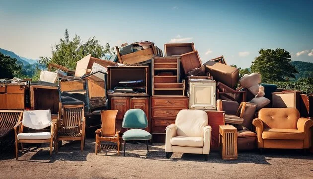A pile of discarded furniture, including chairs, dressers, and tables, outdoors on a sunny day.
