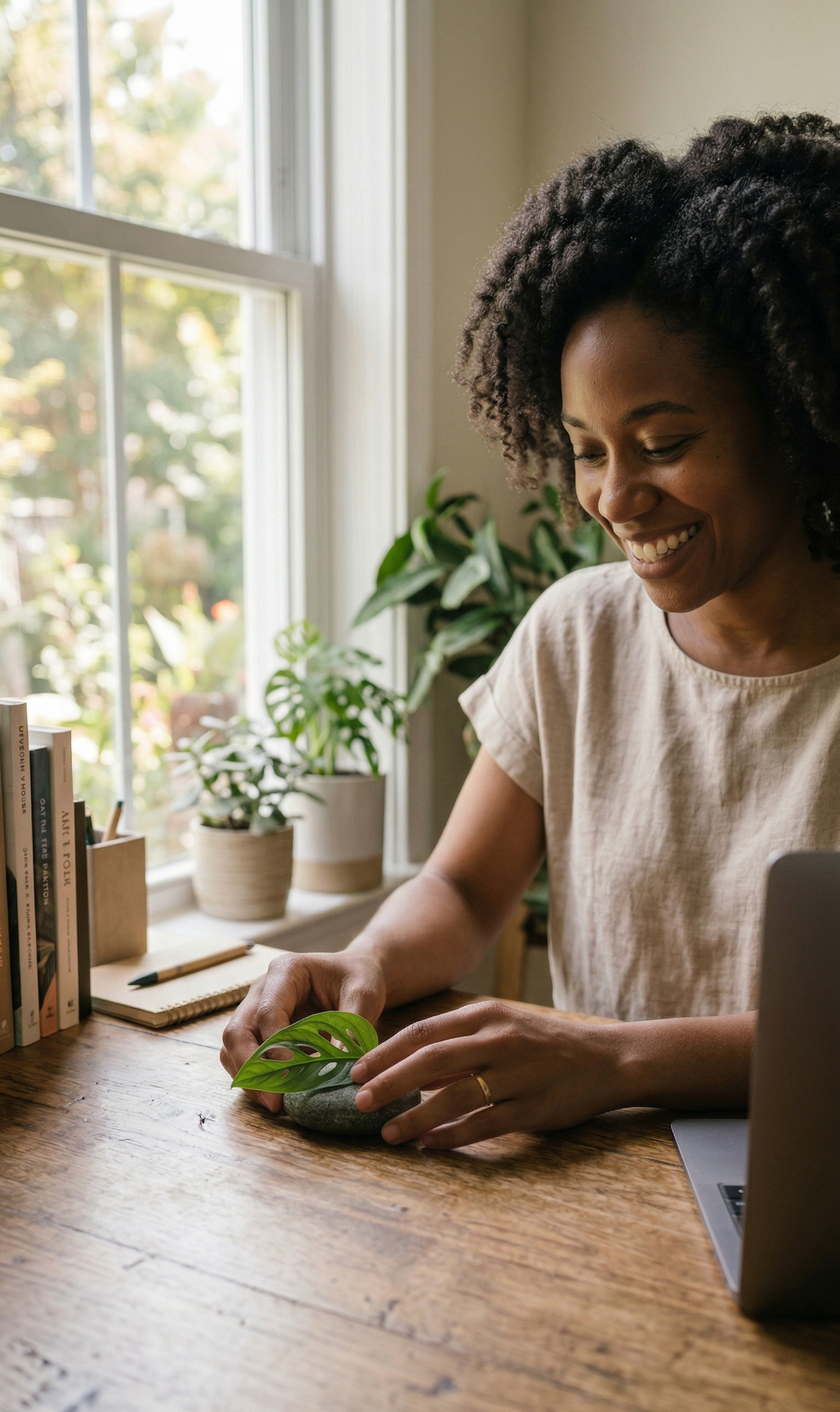 A smiling woman attending a Naturekin session sits at a sunlit wooden desk, her hands gently interacting with a green leaf and a smooth river stone while a laptop sits in the background.