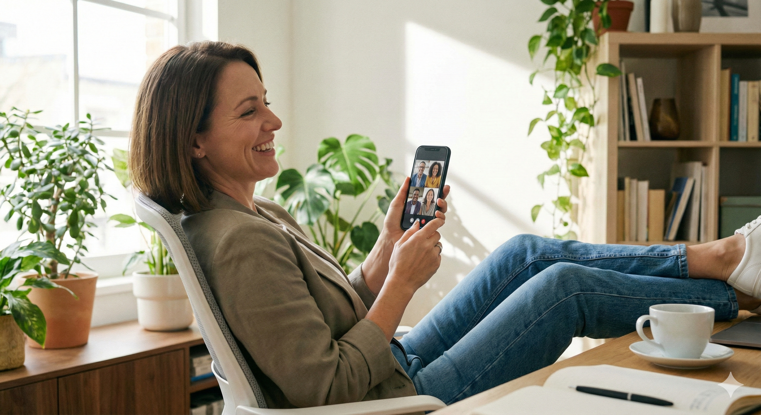 A smiling business woman relaxes in an office chair while joining a group video call on her smartphone.