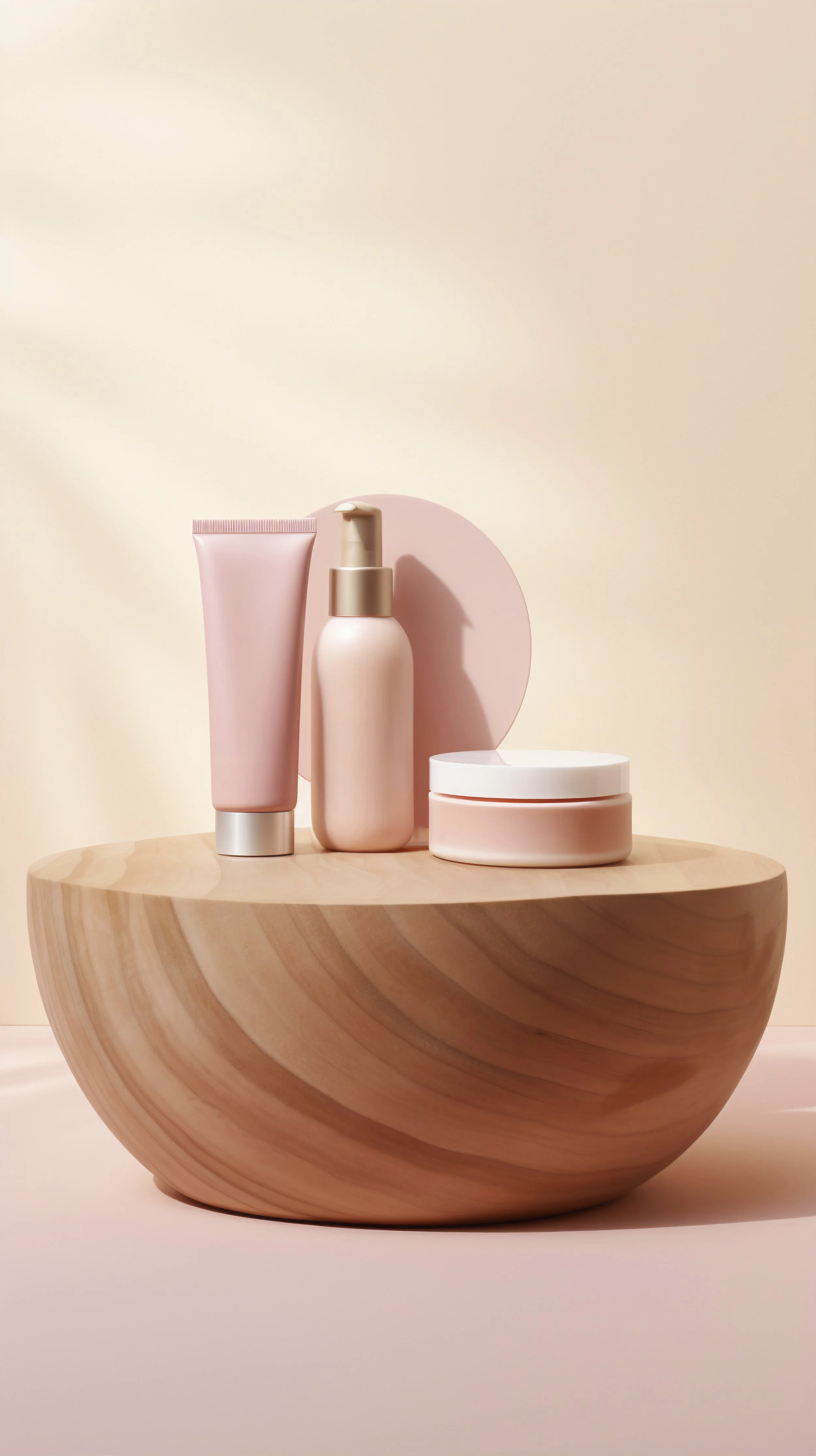 Pink skincare products arranged on a wooden stand with a pink circle, against a beige background.