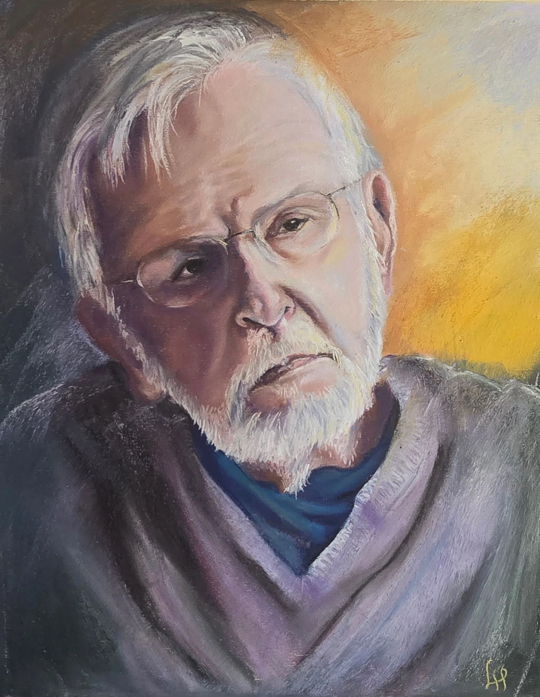 Painting of an elderly man with white hair, a beard, and glasses, wearing a dark sweater and a blue shirt, with a yellowish background.
