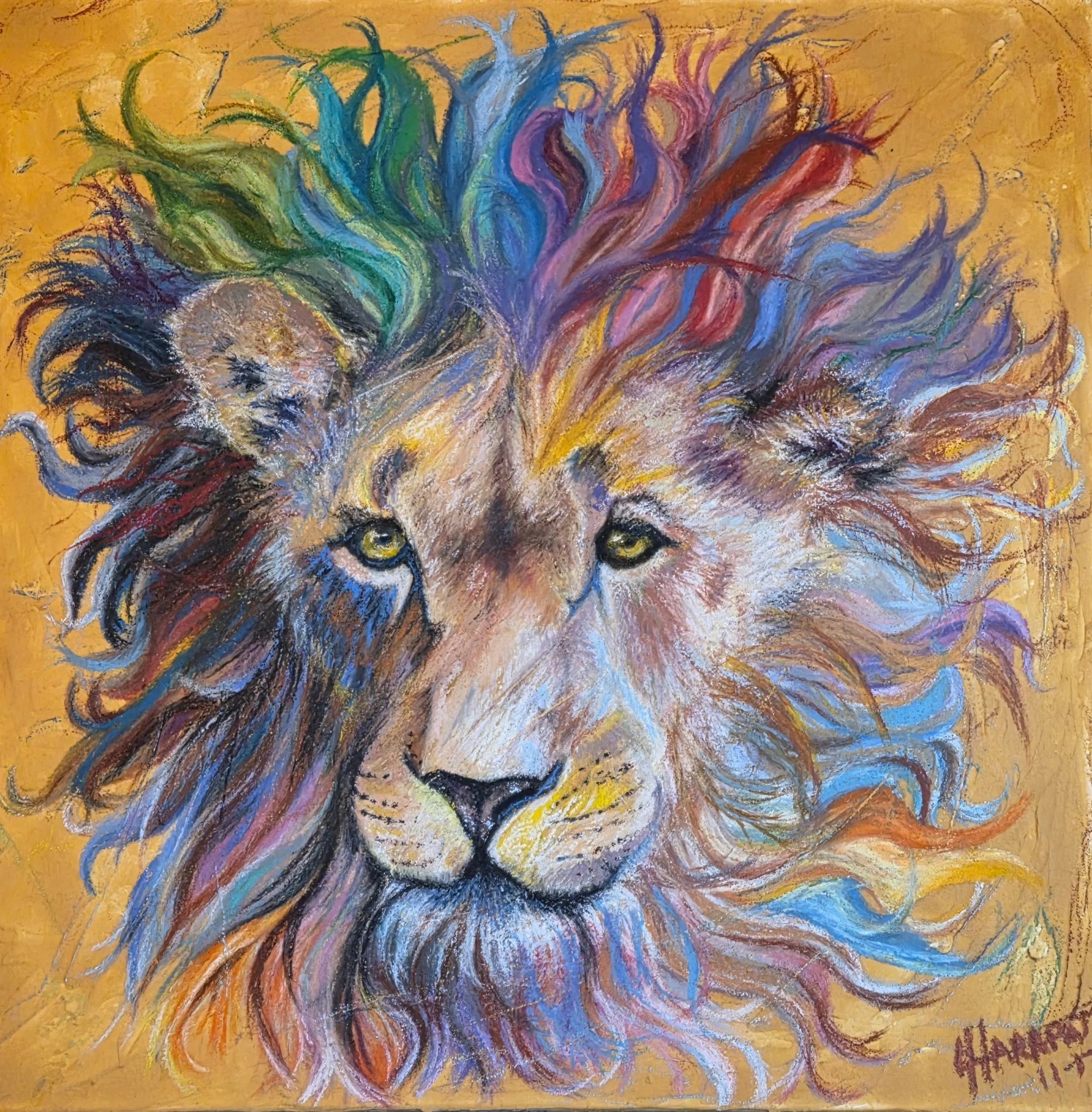 Colorful portrait of a lion with a rainbow mane on an orange background.