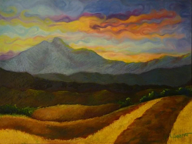 A landscape painting of rolling hills leading to mountains under a colorful sunset sky with orange, pink, purple, and blue hues.